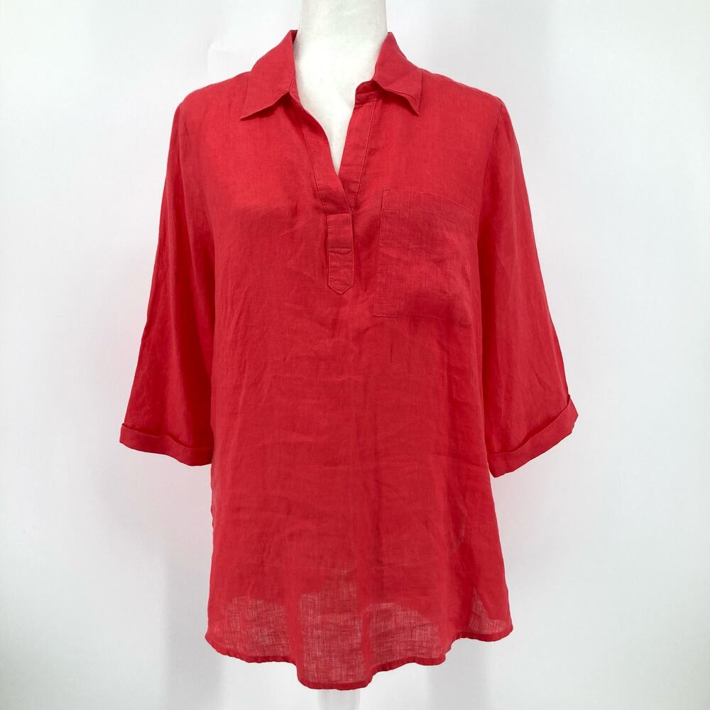 Ellen Tracy: red linen short sleeve tunic blouse (S)